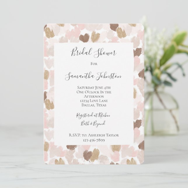 Romantic Blush Pink Brown Hearts Bridal Shower Invitation (Standing Front)