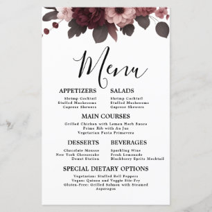 Romantic Blush Pink Burgundy Floral Wedding Menu