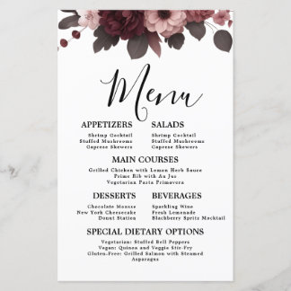 Romantic Blush Pink Burgundy Floral Wedding Menu