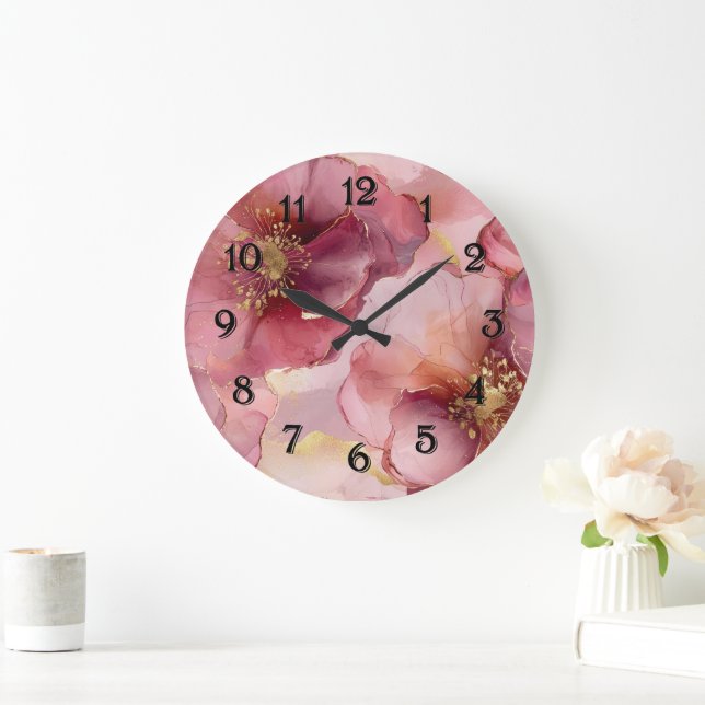 Romantic Blush Pink Burgundy Gold Floral  Large Clock (Home)