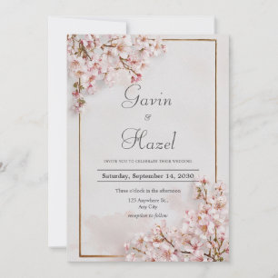 Romantic Blush Pink Cherry Blossom Gold Frame Invitation