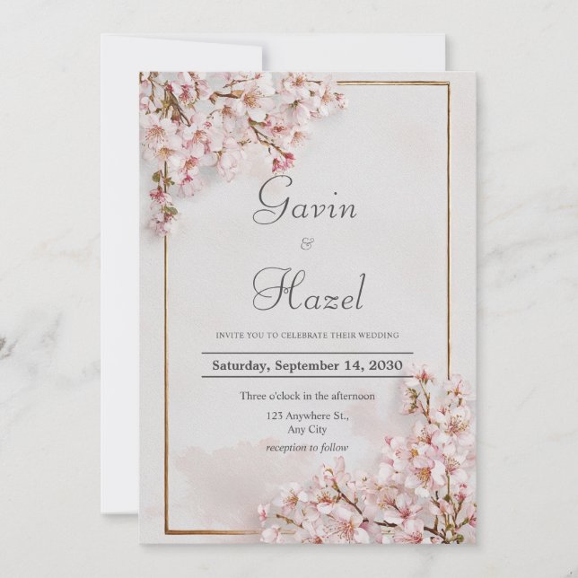 Romantic Blush Pink Cherry Blossom Gold Frame Invitation (Front)