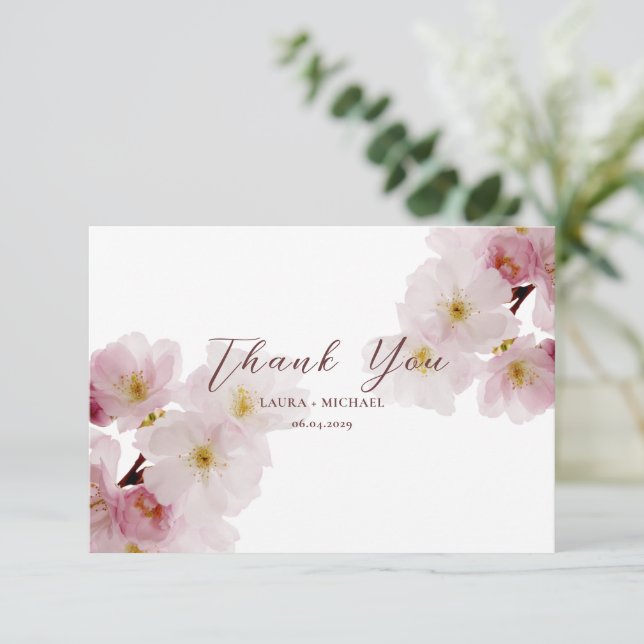 Romantic Blush Pink Cherry Blossoms Thank You Card (Standing Front)