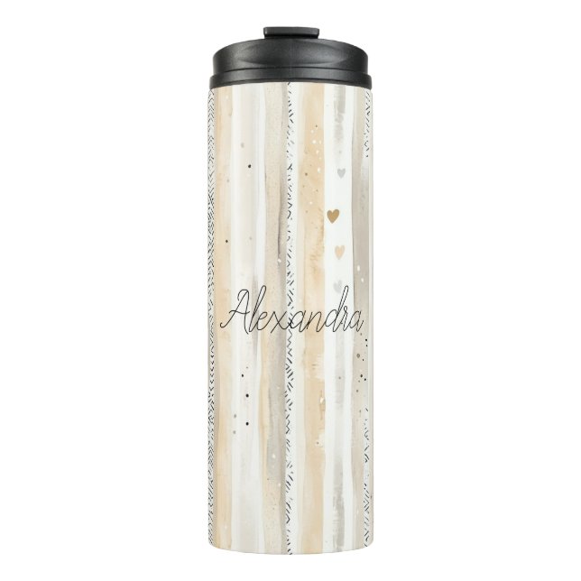 Romantic Blush Pink Cream Cream Hearts Stripes Thermal Tumbler (Front)
