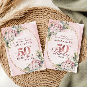 Romantic Blush Pink Floral 50th Birthday Thank You