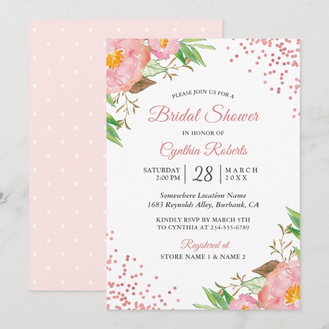 Romantic Blush Pink Floral Confetti Bridal Shower Invitation (Front/Back)