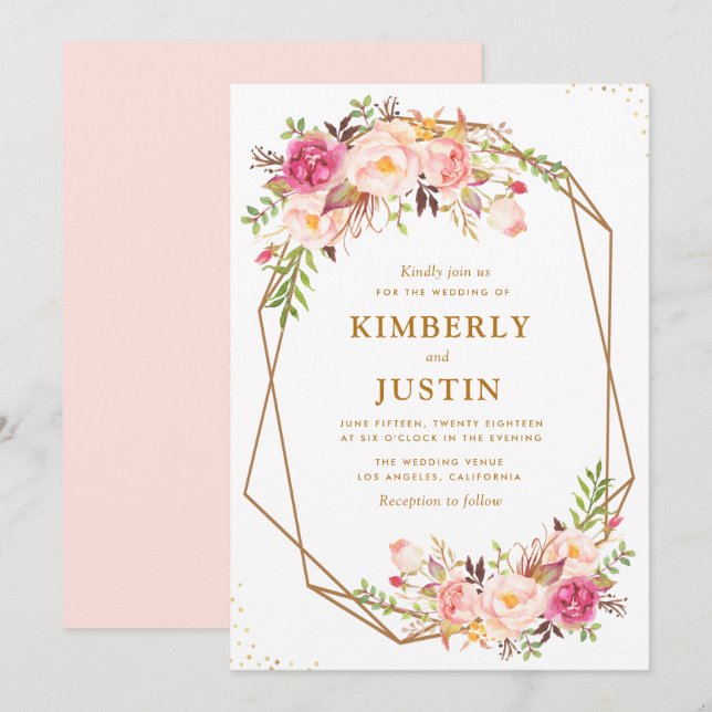Romantic blush pink floral geometric wedding invitation (Front/Back)