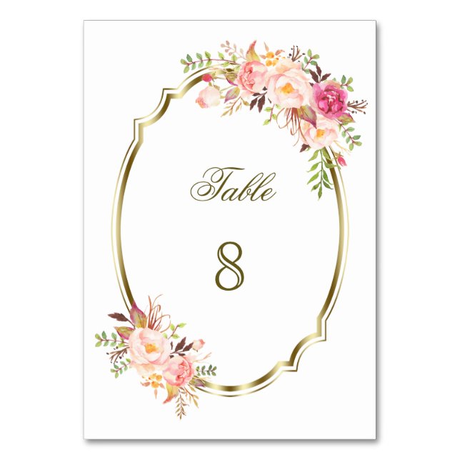 Romantic Blush Pink Floral Gold Frame Table Number (Front)
