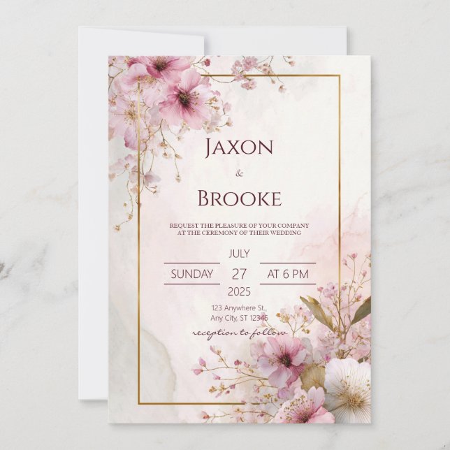 Romantic Blush Pink Floral Gold Frame Wedding Invitation (Front)