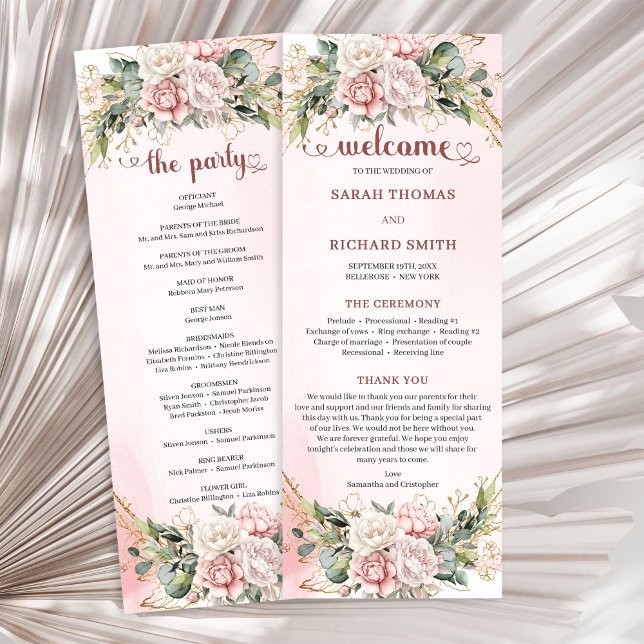 Romantic Blush Pink Floral Gold Greenery Wedding Programme (Romantic Blush Pink Floral Greenery Wedding Program)