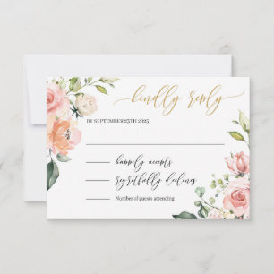 Romantic blush pink floral gold script font boho RSVP card