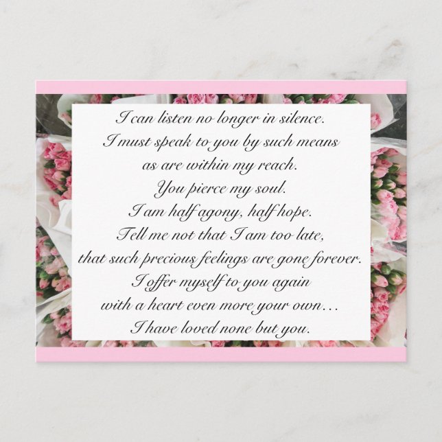 Romantic Blush Pink Floral Jane Austen Love Quote  Postcard (Front)