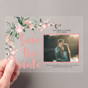 Romantic Blush PInk Floral Photo Save the date Acrylic Invitations