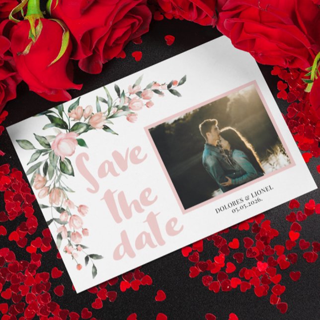 Romantic Blush Pink Floral Photo Save the Date Postcard (Creator Uploaded)