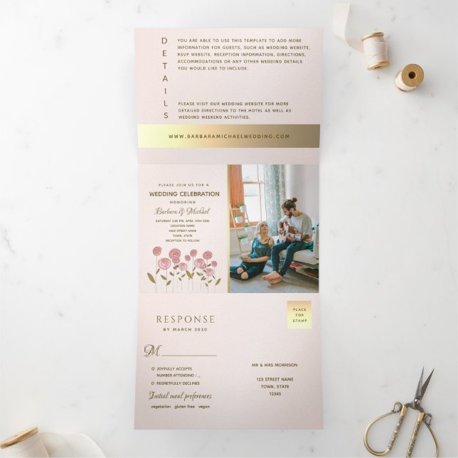 Romantic Blush Pink Floral Photo Wedding Tri-Fold Invitation (Inside)