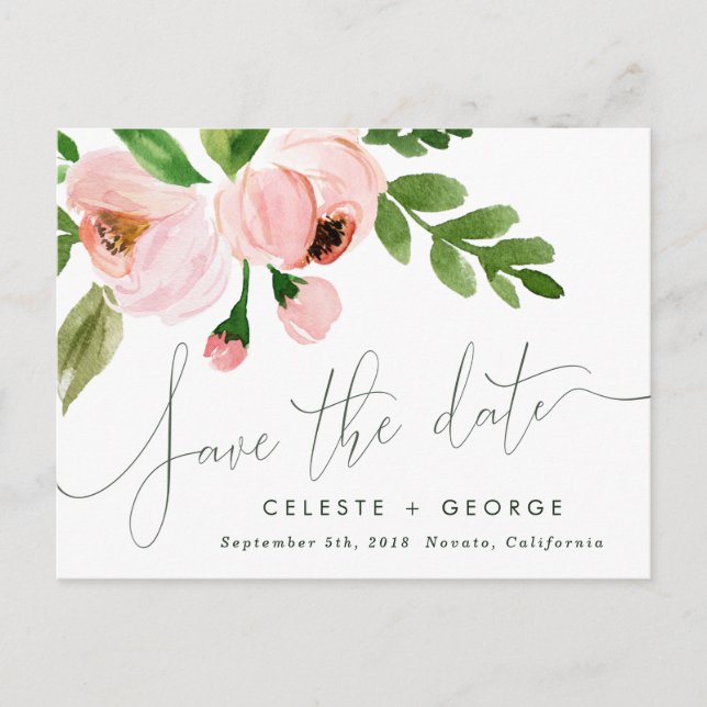 romantic blush pink floral save the date announcem holiday postcard (Front)