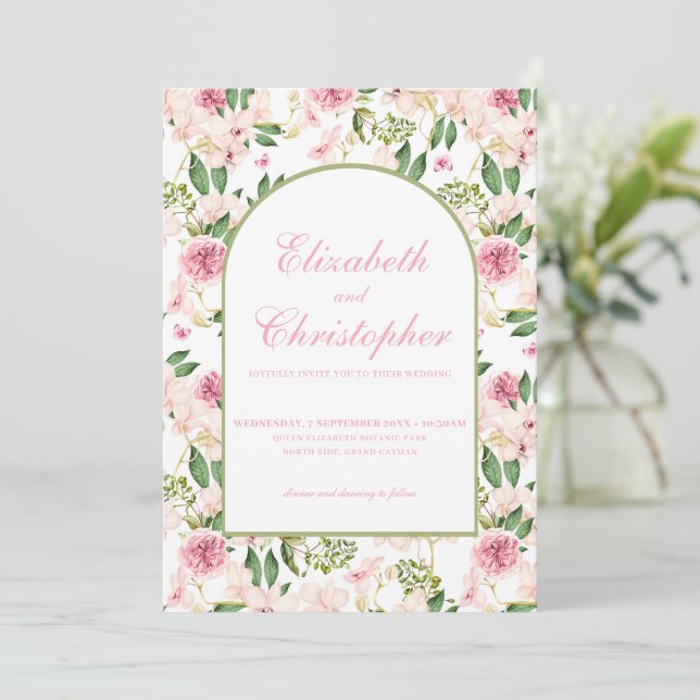 Romantic Blush Pink Floral Wedding Invitation (Standing Front)