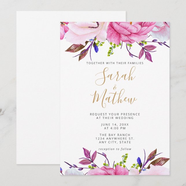 Romantic Blush Pink Floral Wedding Invitation Card (Front/Back)