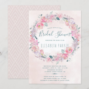 Romantic blush pink floral wreath bridal shower invitation