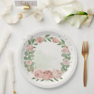romantic blush pink flowers & leaves paper plates
