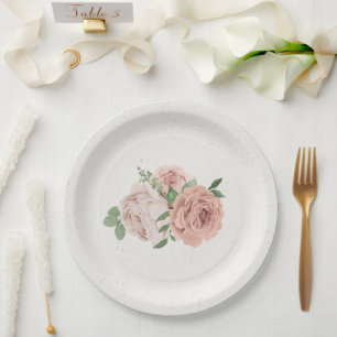romantic blush pink flowers & leaves paper plates