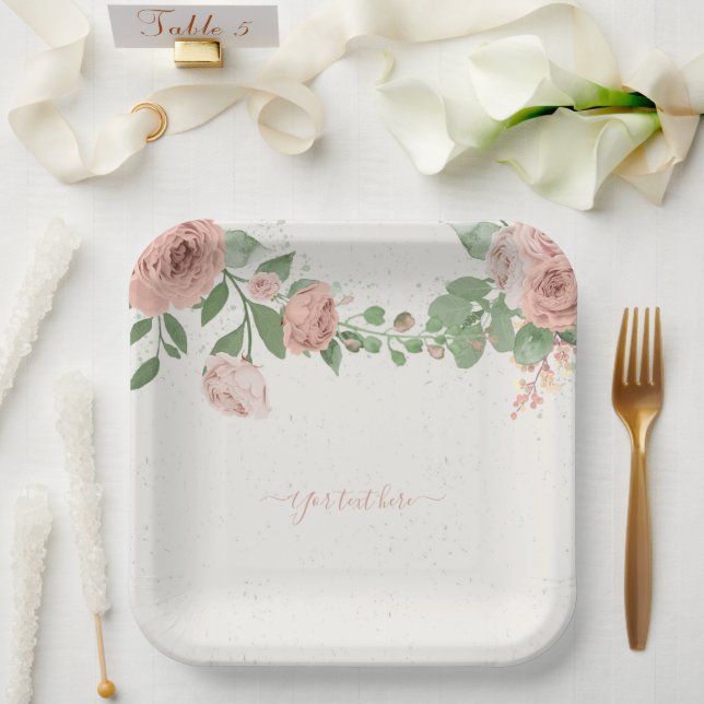 romantic blush pink flowers & leaves paper plates (Wedding)