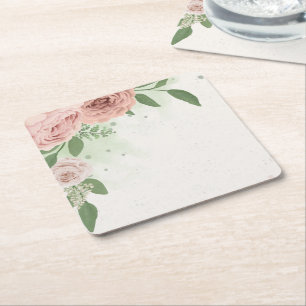 romantic blush pink flowers & leaves square paper coaster