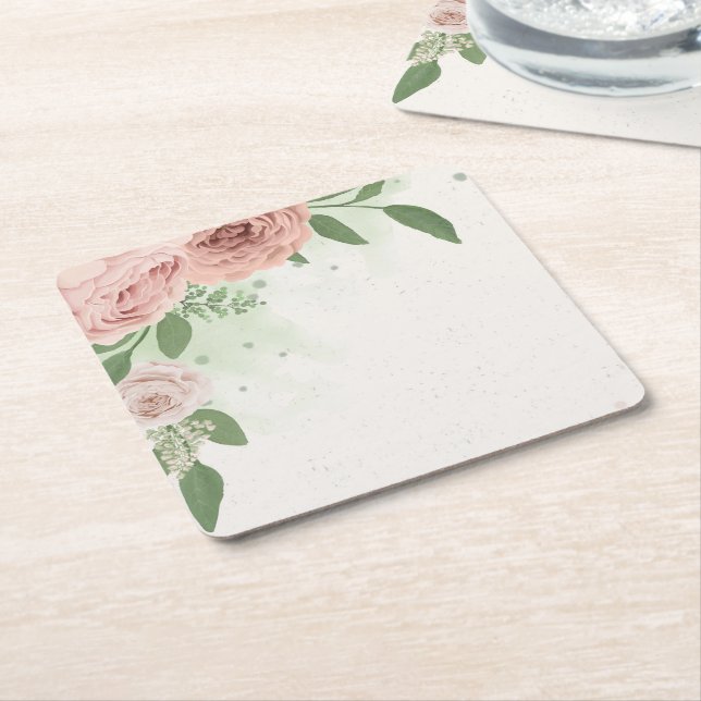 romantic blush pink flowers & leaves square paper coaster (Angled)