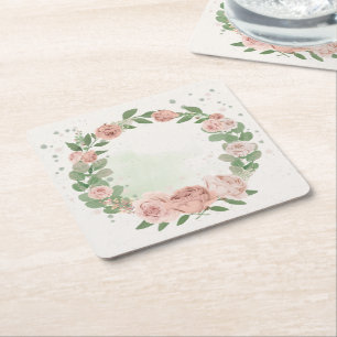 romantic blush pink flowers & leaves square paper  coaster