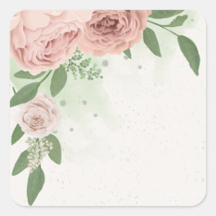 romantic blush pink flowers & leaves square sticker