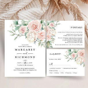 Romantic Blush Pink Flowers Summer Garden Wedding Invitation