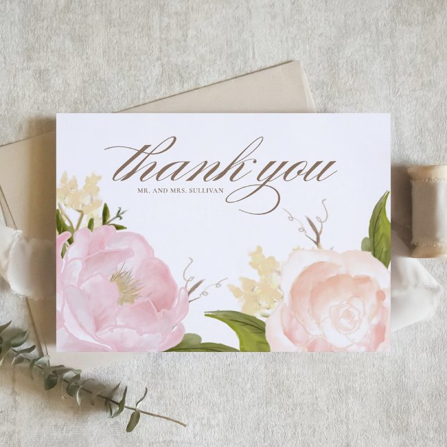 Romantic Blush Pink Garden Roses Botanical Wedding Thank You Card (Creator Uploaded)