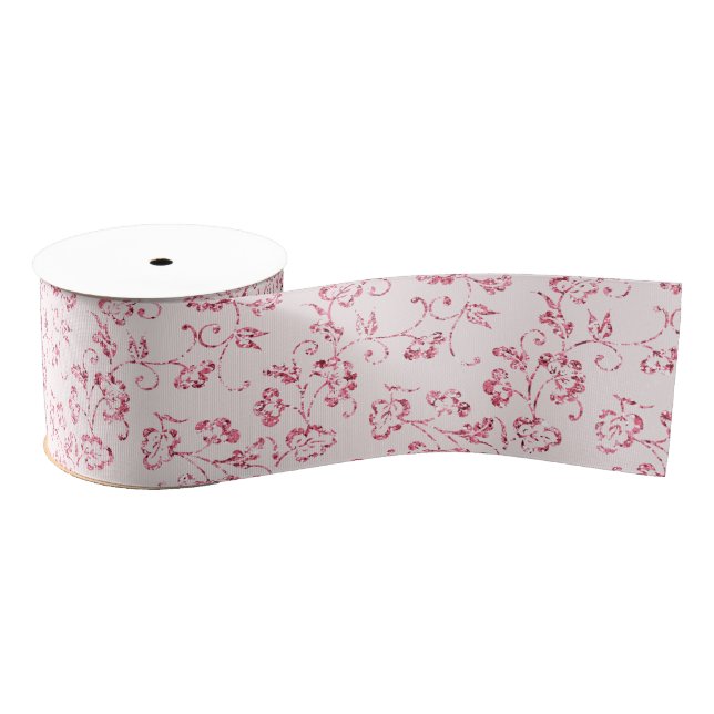 Romantic Blush Pink Glitter Floral Wedding Grosgrain Ribbon (Spool)