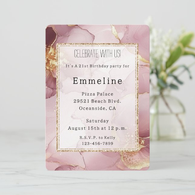 Romantic Blush Pink Gold Abstract Floral Birthday Invitation (Standing Front)