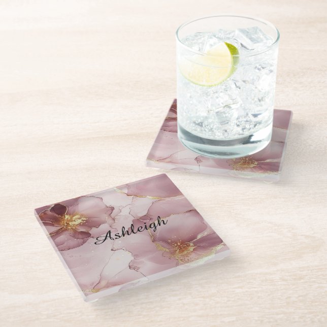 Romantic Blush Pink Gold Floral Birthday Glass Coaster (Angled)