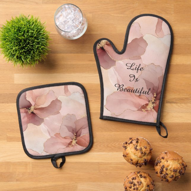 Romantic Blush Pink Gold Floral Bridal Shower Oven Mitt & Pot Holder Set (Top Down)