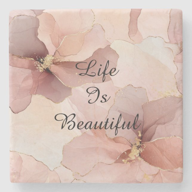 Romantic Blush Pink Gold Floral Bridal Shower Stone Coaster (Front)