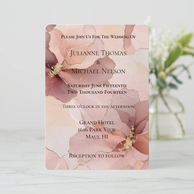 Romantic Blush Pink Gold Floral Wedding Invitation (Standing Front)