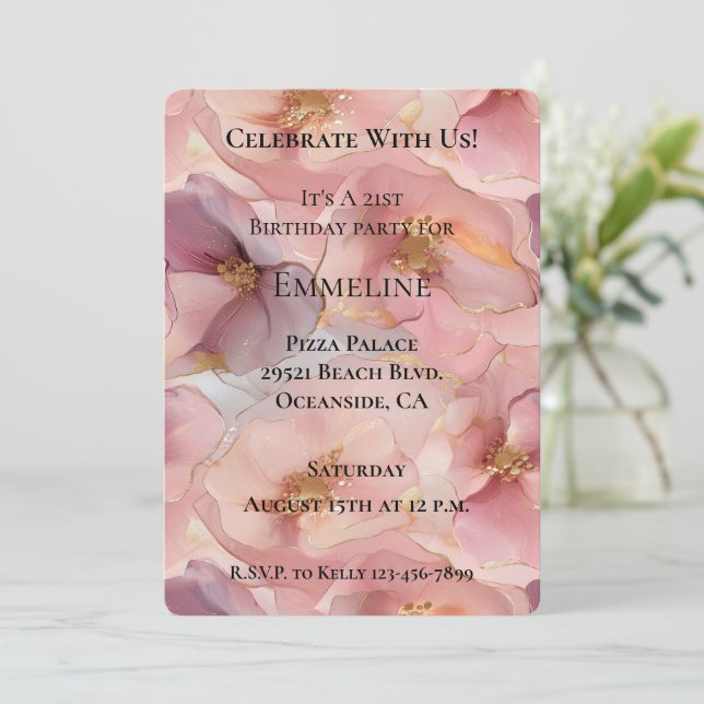 Romantic Blush Pink Gold Glitz Flowers Birthday Invitation (Standing Front)