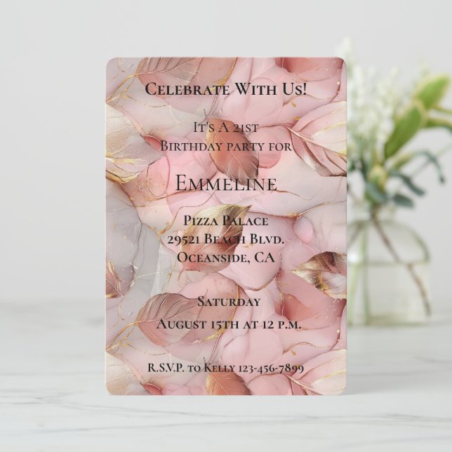 Romantic Blush Pink Gold Leaves Birthday Invitation (Standing Front)