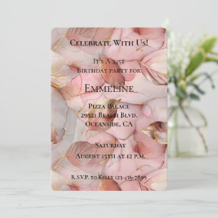 Romantic Blush Pink Gold Leaves Birthday Invitation