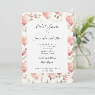 Romantic Blush Pink Hearts Floral Bridal Shower Invitation