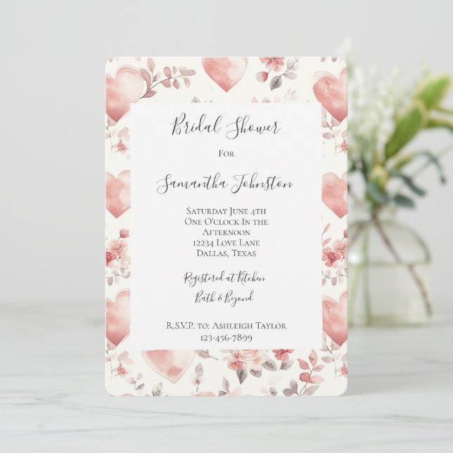 Romantic Blush Pink Hearts Floral Bridal Shower Invitation (Standing Front)