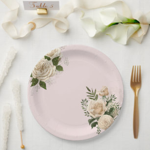 Romantic Blush Pink Ivory Floral Wedding Paper Plate