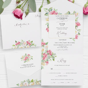 Romantic Blush Pink/Ivory Watercolor Roses Wedding All In One Invitation
