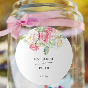 Romantic Blush Pink/Ivory Watercolor Roses Wedding Classic Round Sticker