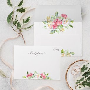 Romantic Blush Pink/Ivory Watercolor Roses Wedding Envelope