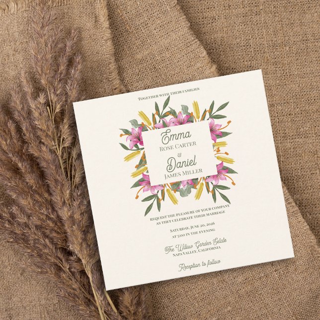 Romantic Blush Pink Lily Botanical Wedding Invite (Blush Pink Lily Botanical Wedding Invitation | Romantic Watercolor Floral Garden Wedding Invitation)