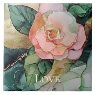 Romantic Blush Pink Peach Gold Floral Love Tile