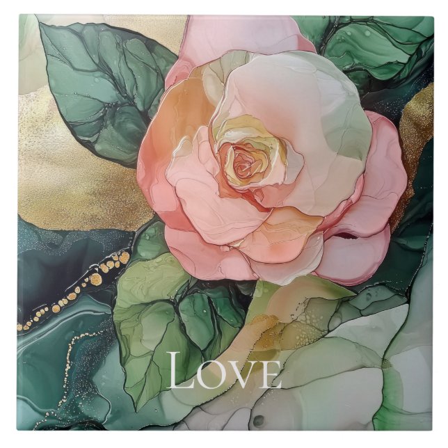 Romantic Blush Pink Peach Gold Floral Love Tile (Front)